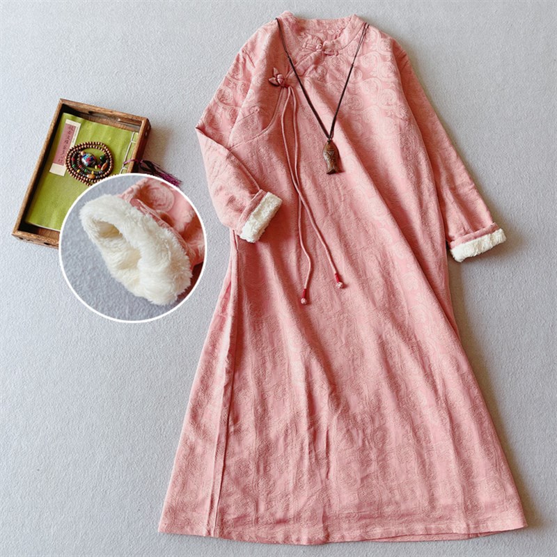 中国风棉麻提花加绒连衣裙秋复古盘扣中式M改良旗袍长袖民族风长