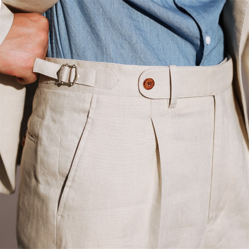 夏季英式复古亚麻料男那不勒斯高腰宽松西裤英伦男士九分休闲裤子