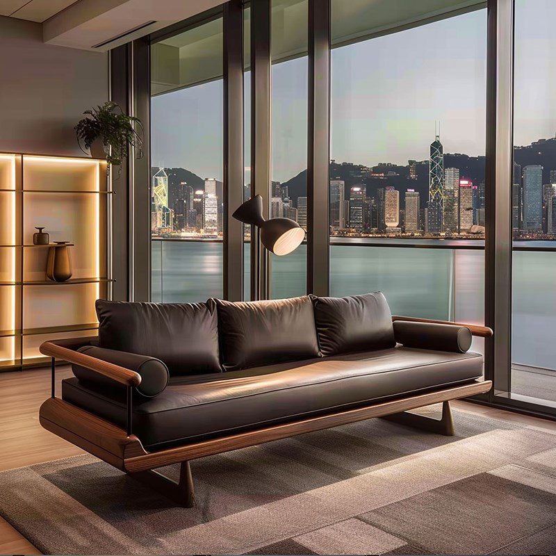 高端禅意黑胡桃白蜡木沙发真皮A新中式别墅酒店民宿办公室休闲家