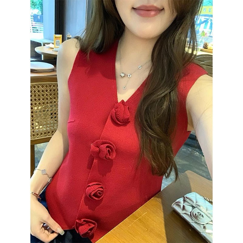 红色V领立体花朵冰丝针织背心女夏季F外穿设计感小众修身无袖上衣