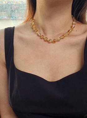 新中式国风项链女款10mm天然黄水晶手链锁骨链虎眼石手串新款饰品