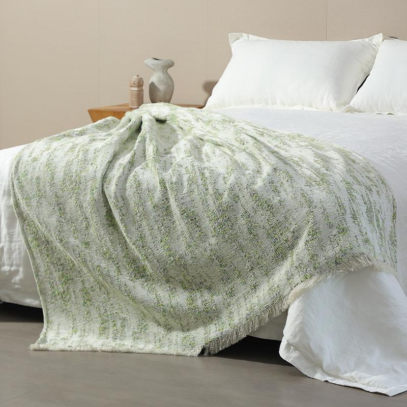 简约ins风绿色斑纹流苏搭毯清新时尚沙发休闲毯样板间床旗床尾巾