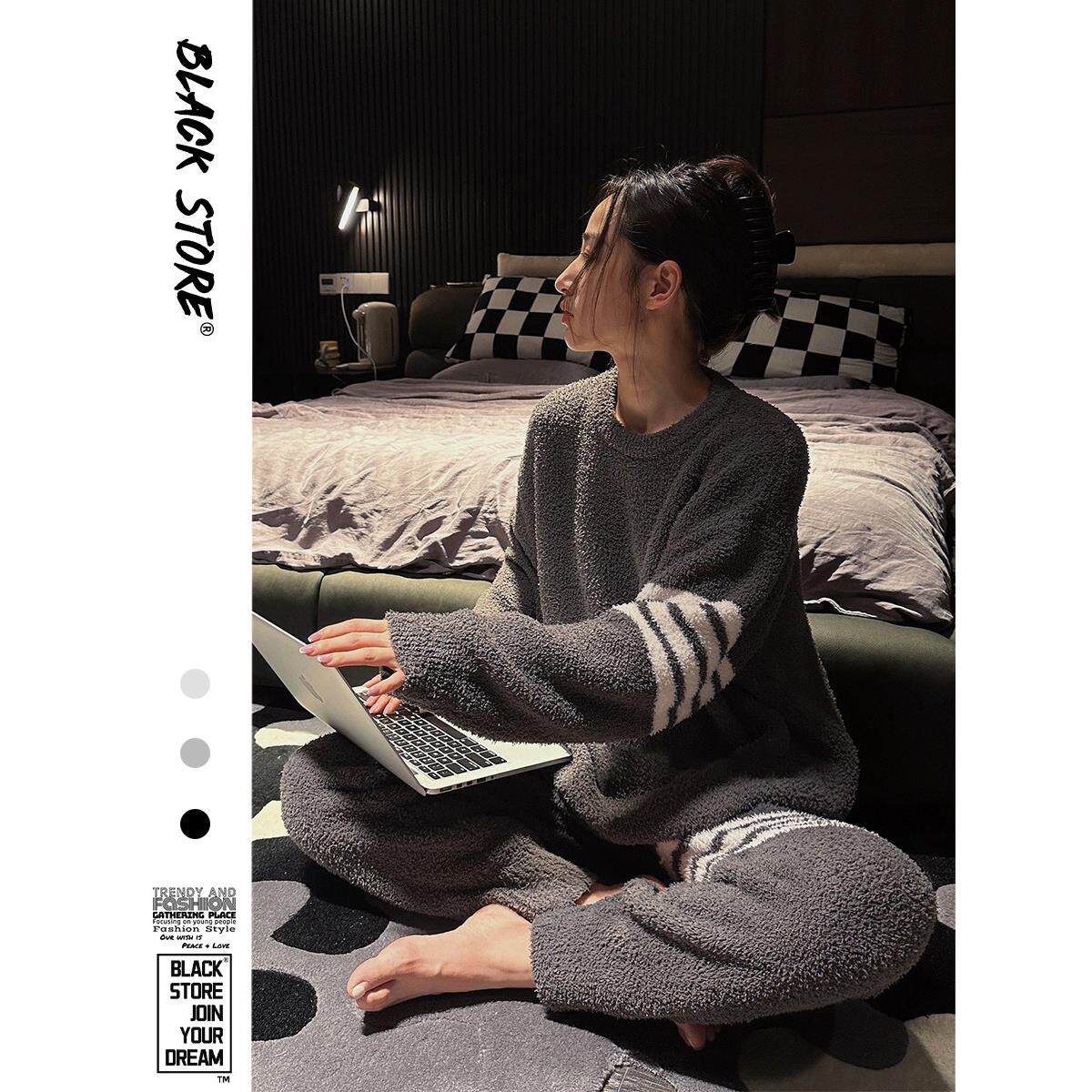 加绒加厚毛绒针织睡衣女款冬季韩系高级感半边绒家居服套装可外穿