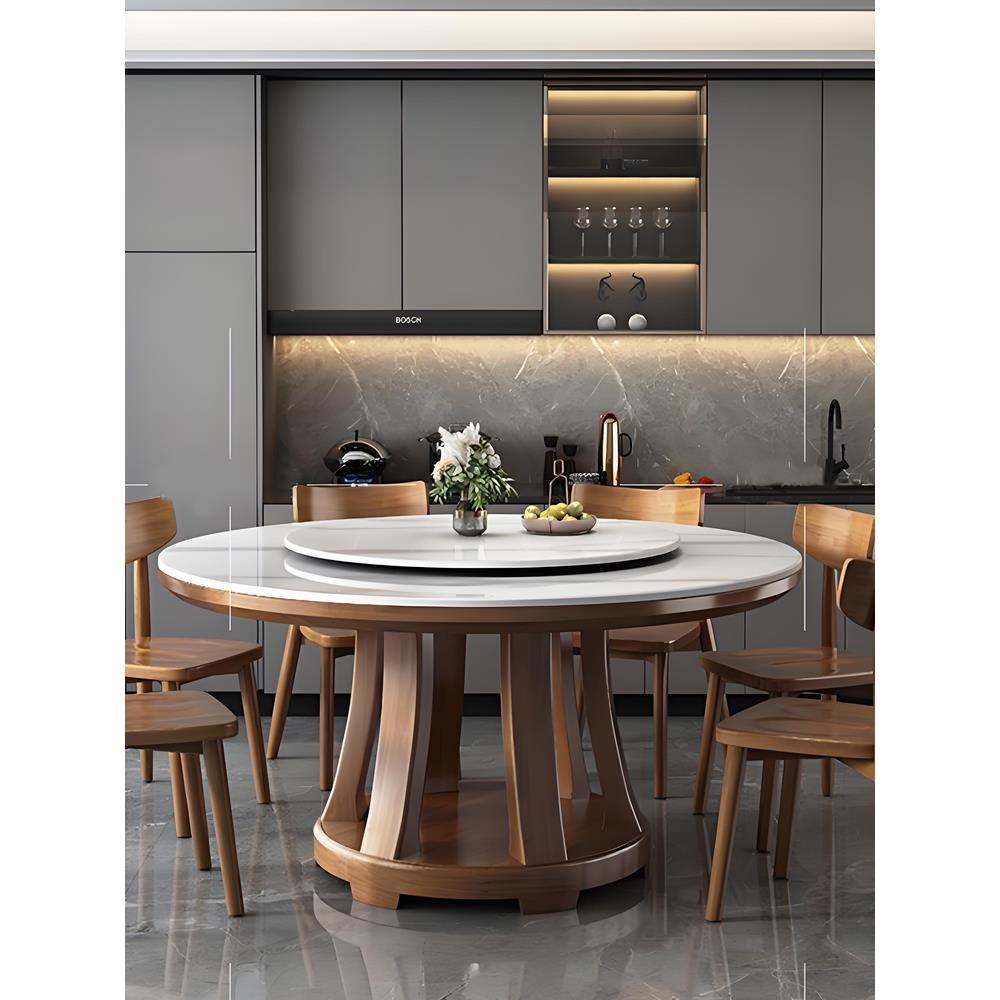 轻奢岩板餐桌椅组合现代简约小户型家用饭桌圆形带转盘实木大圆桌