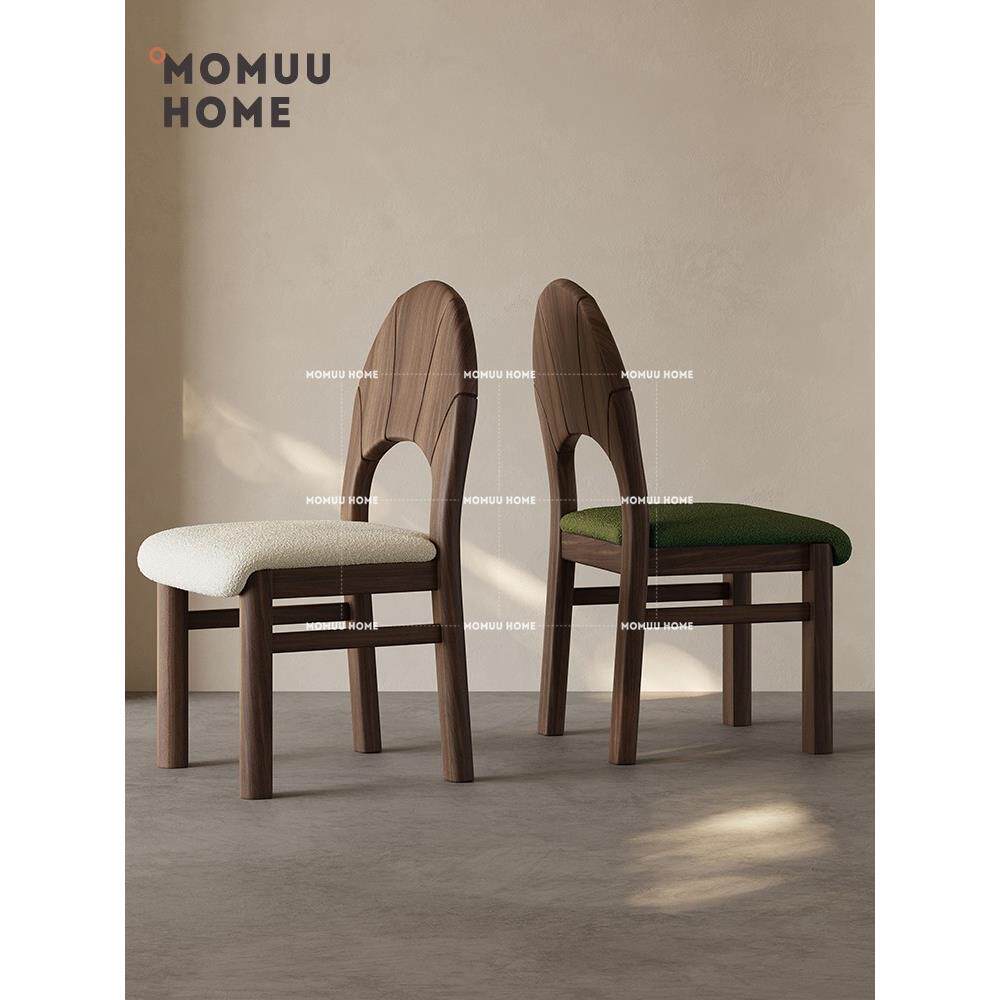 MOMUU HOME覆中古风胡桃色木椅子日式茶楼餐椅简约叶型家用靠背椅