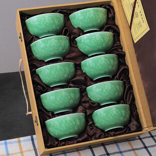 龙泉青瓷米饭碗6/8/10个礼盒装陶瓷碗家用牡丹大小号碗高档乔迁礼