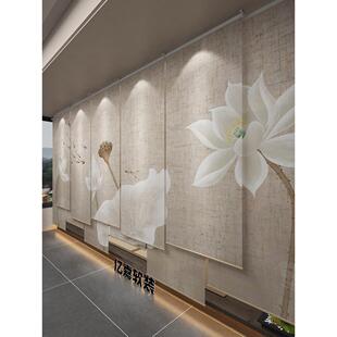 新中式拉卷式亚麻帘客厅餐厅茶室电动升降卷帘窗帘遮阳屏风隔断帘