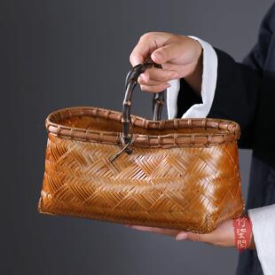 手工竹编提篮提盒紫竹把手果篮大漆竹制收纳食盒茶具点心篮子竹筐