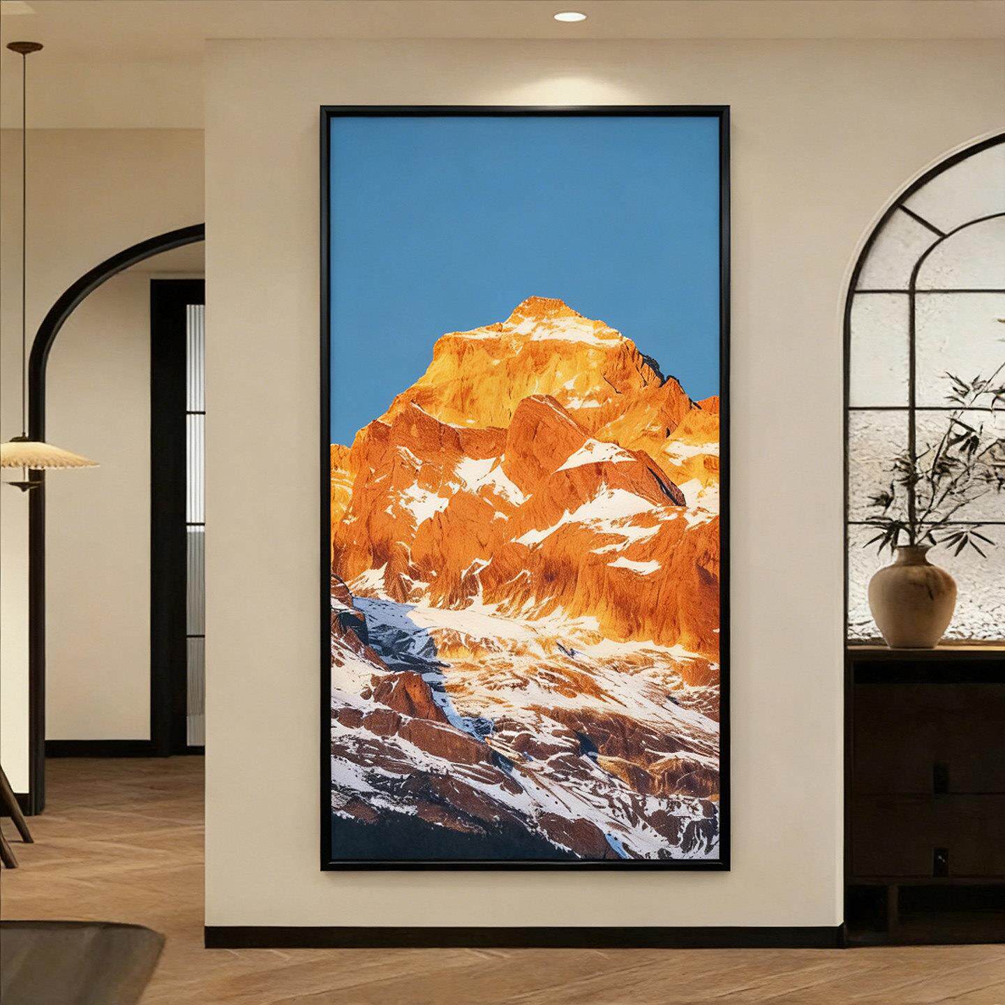 玄关风景装饰画肌理质感砂岩画日照金山壁画客厅山水画有框可定制
