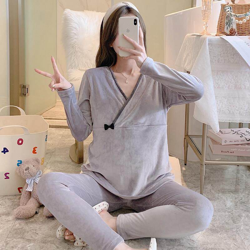 免穿文胸~双面加绒孕妇秋衣秋裤套装加厚产后哺乳保暖内衣月子服