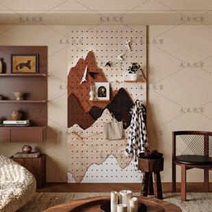 创意立体群山飞鸟图案定制实木洞洞板置物架造型墙面玄关收纳遮挡