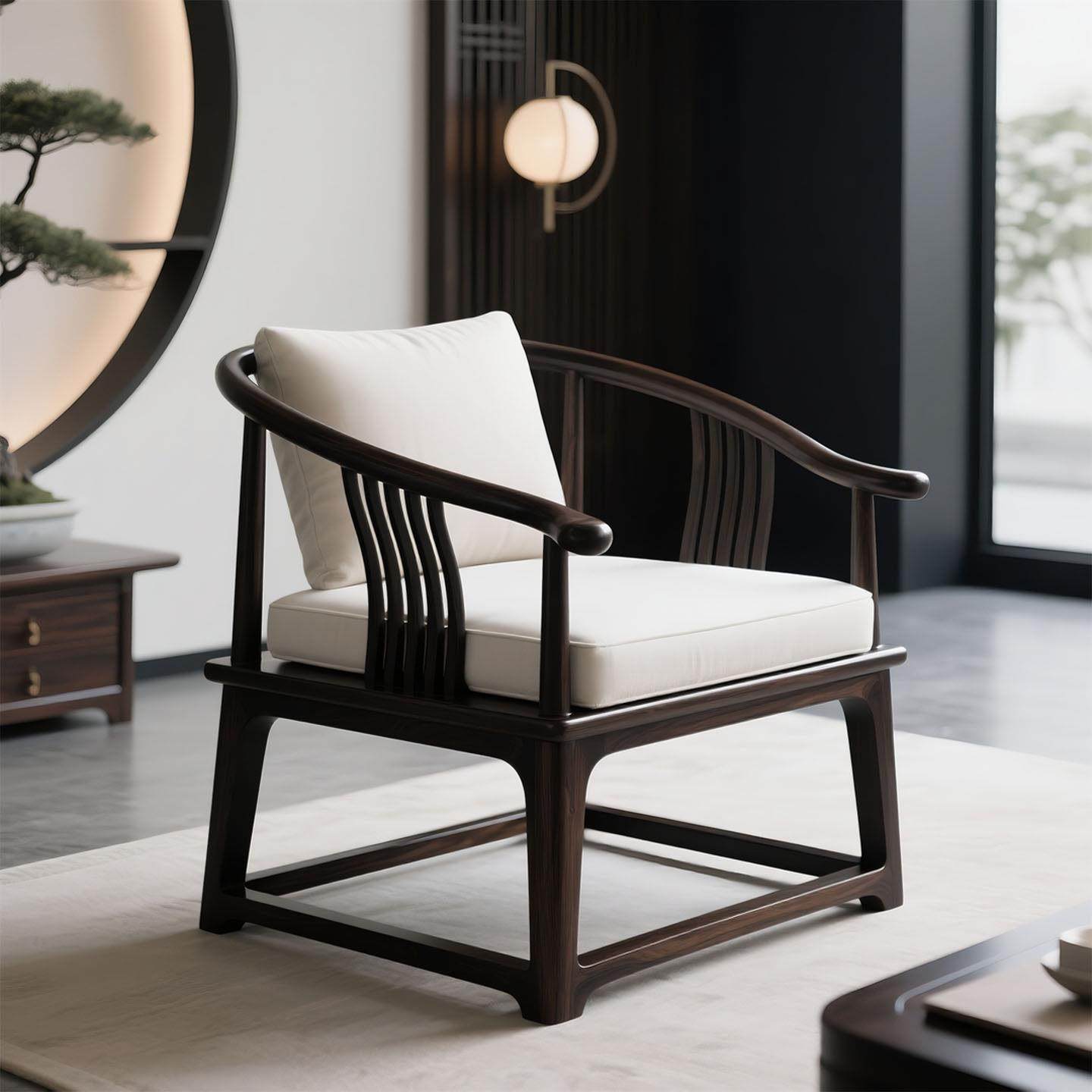 新中式乌金木休闲椅全实木阳台布艺单人椅轻奢沙发椅别墅客厅家具