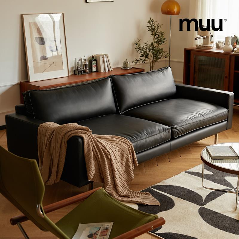 MUU皮沙发北欧复古小户型科技皮黑沙发客厅直排意式简约真皮沙发