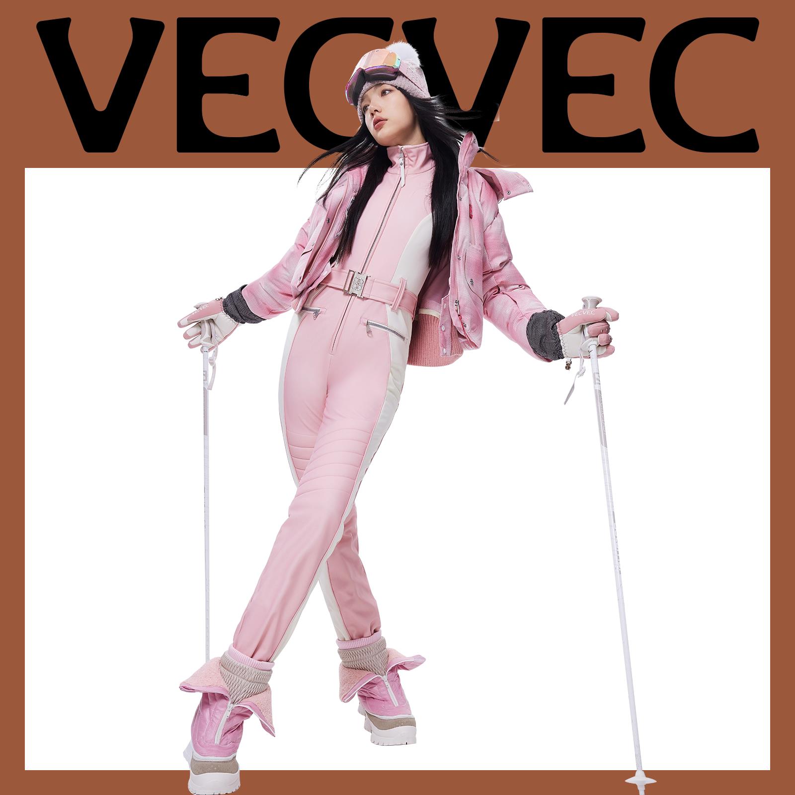 VECVEC粉色双板连体服滑雪服女套装滑雪衣防风防水专业运动少女