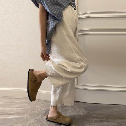 诺初孕妇装~重工蕾丝拼接阔腿裤外穿无托腹直筒白色孕妇裤子夏季