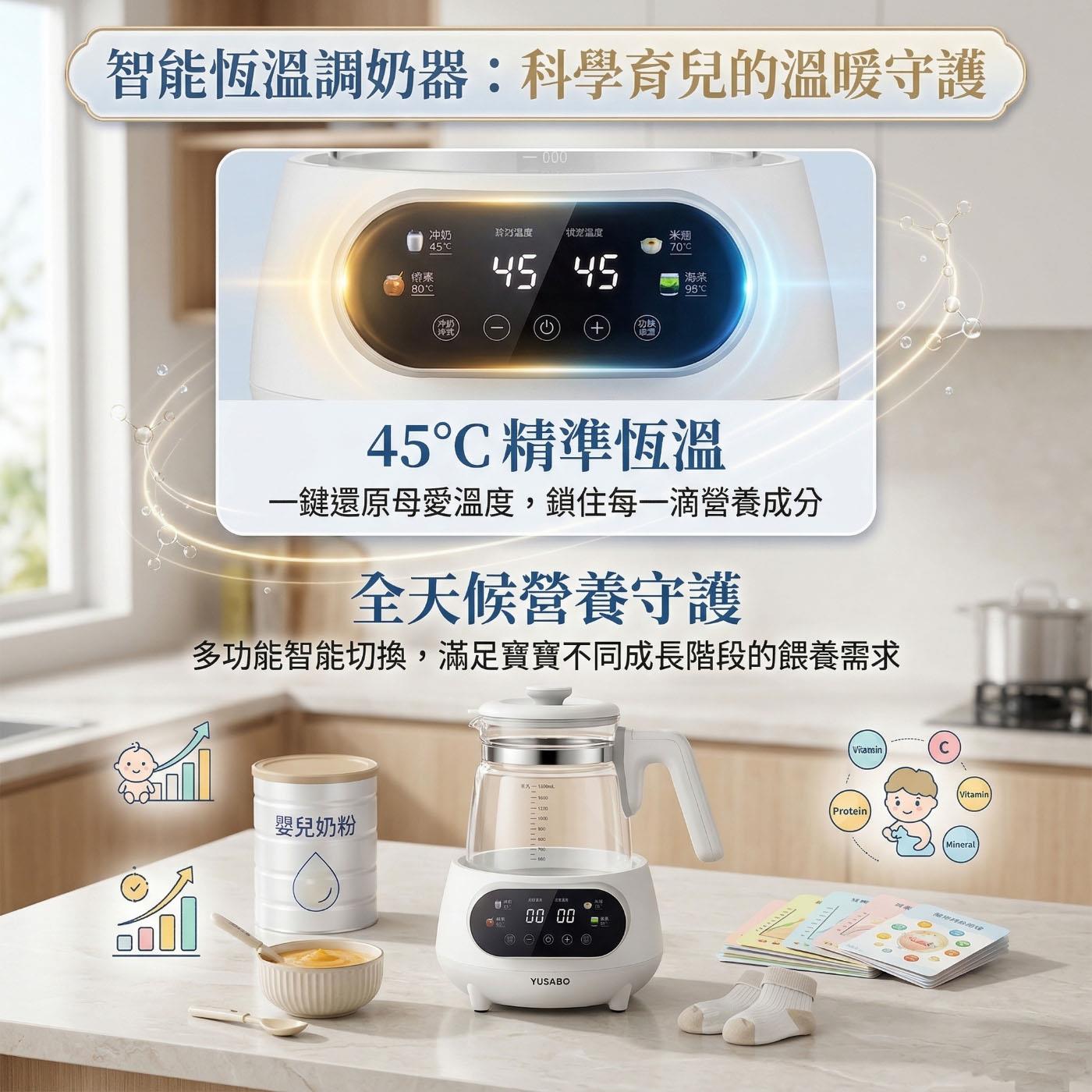 YUSABO智能恒温调乳器45°精准控温多功能一键操作精准恒温烧水壶