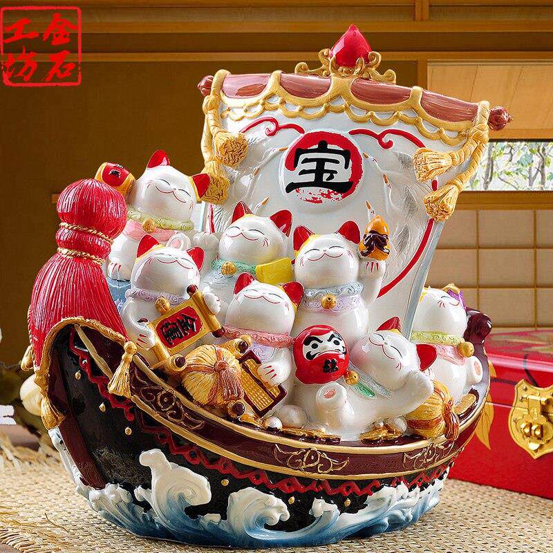 金石工坊一帆风顺宝船摆件招财猫大号商铺开业家居乔迁办公室摆件