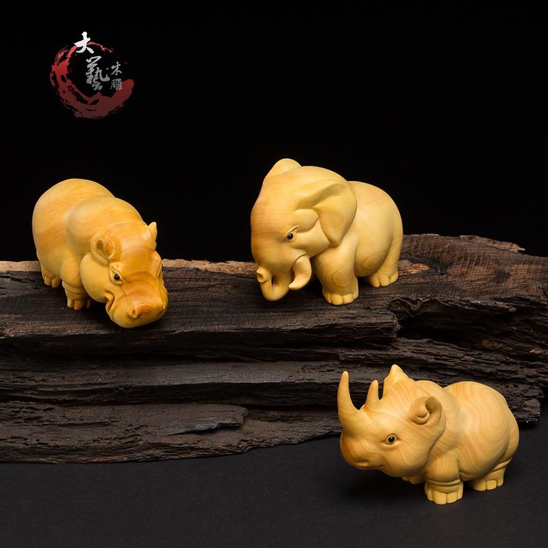 黄杨木雕刻拉手件家居风水客厅实木大象动物工艺品雕刻饰品非洲三