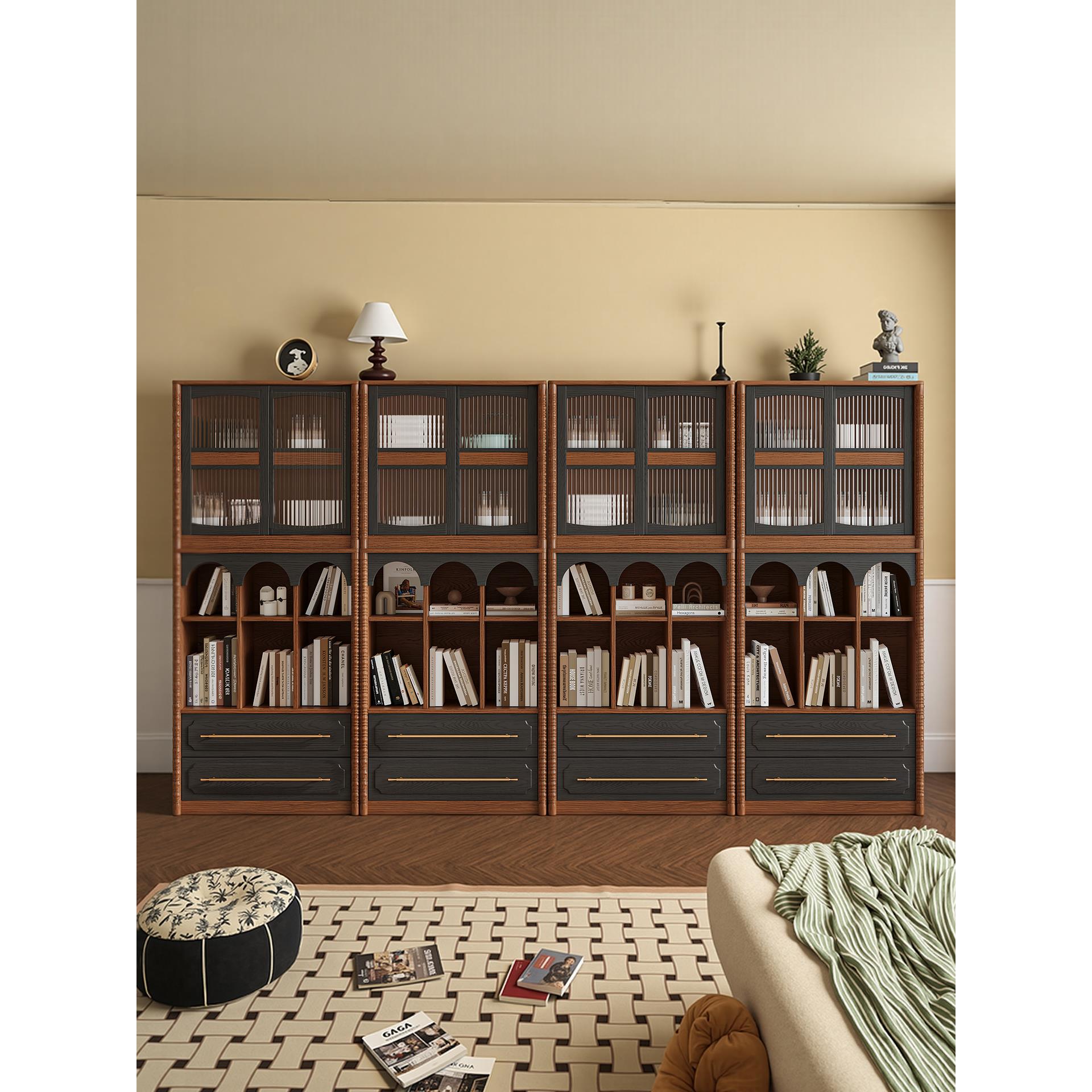 法式中古实木书柜组合客厅靠墙收纳储物柜覆古装饰边柜书架展示柜