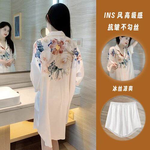 睡衣女夏睡裙丝绸可外穿2025年新款冰丝网红过膝衬衫裙家居服套装
