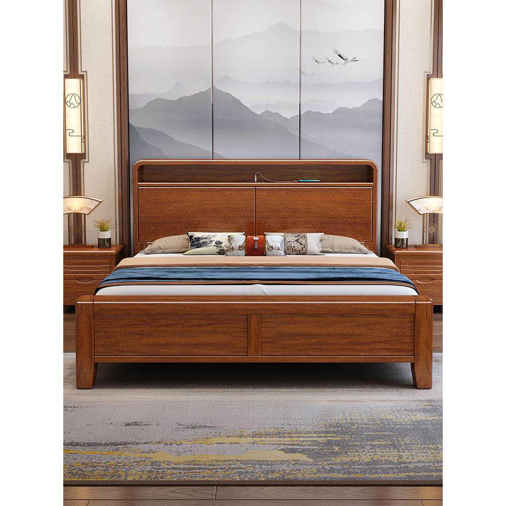 新中式胡桃木实木床1.5米单人床全实木1.8米双人床现代简约主卧床