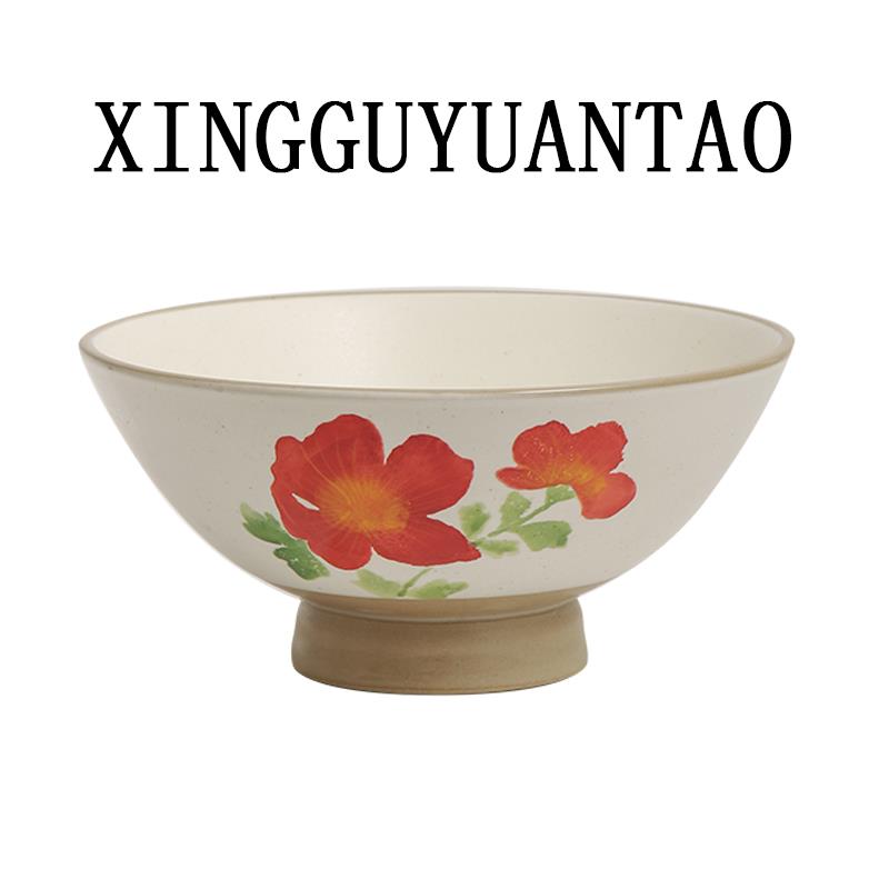 景德镇高脚斗笠碗家用中式红花复古拉面碗粗陶大海碗日式面碗商用