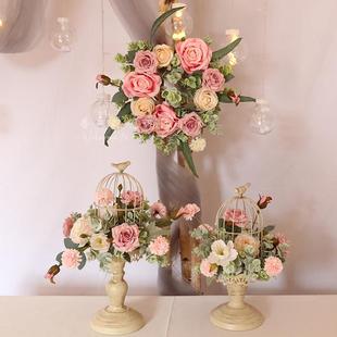 小清新彷真花花艺鸟笼盆栽摆件婚礼签到台桌花套装家居桌面装饰