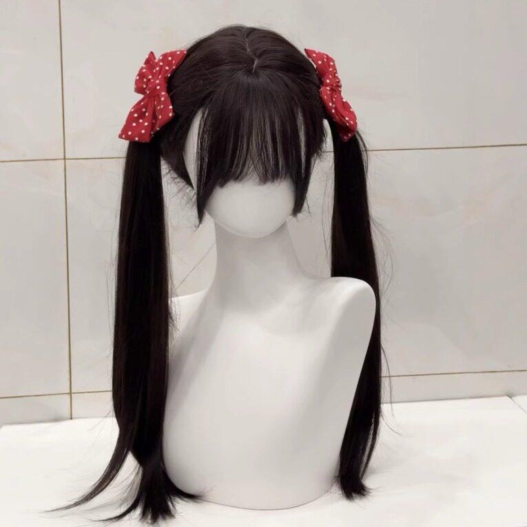 萝喵假发女长发Lolita黑色自然齐浏海双马尾黑长直假发jk全头套式