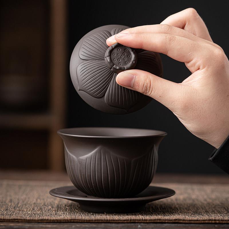 紫砂盖碗陶瓷大号盖碗中式家用敬茶功夫茶具三才茶杯茶盖茶道