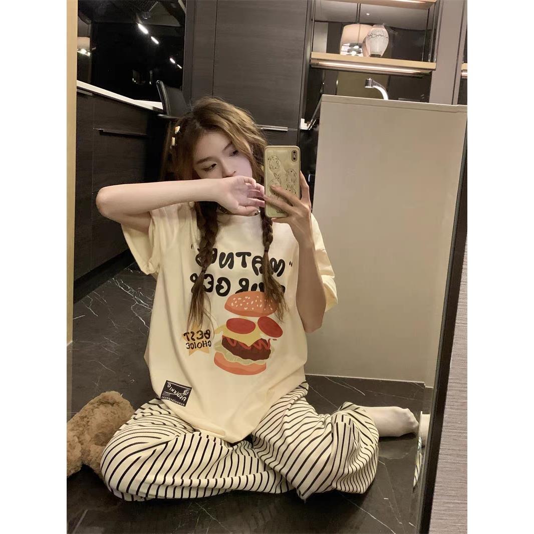 网红风卡通纯棉睡衣女夏季宽松短袖条纹睡裤休闲运动可外穿家居服