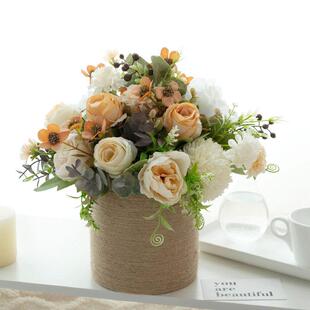 采购产品人造花，田园风格麻绳陶瓷瓶，客厅餐桌，室内入口装饰品