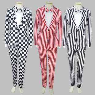 黑白格子男歌手西l装 成人魔术舞台表演主题条纹西 小丑演出服套装