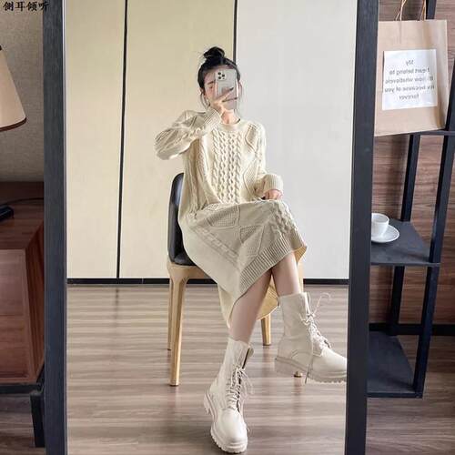 韩版洋气重工麻花k针织连衣裙女2024年秋冬新款圆领宽松长袖毛衣