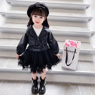 宝宝春季 女童皮衣纱裙套装 儿童洋气时髦春装 2024新款 连衣 春秋p款