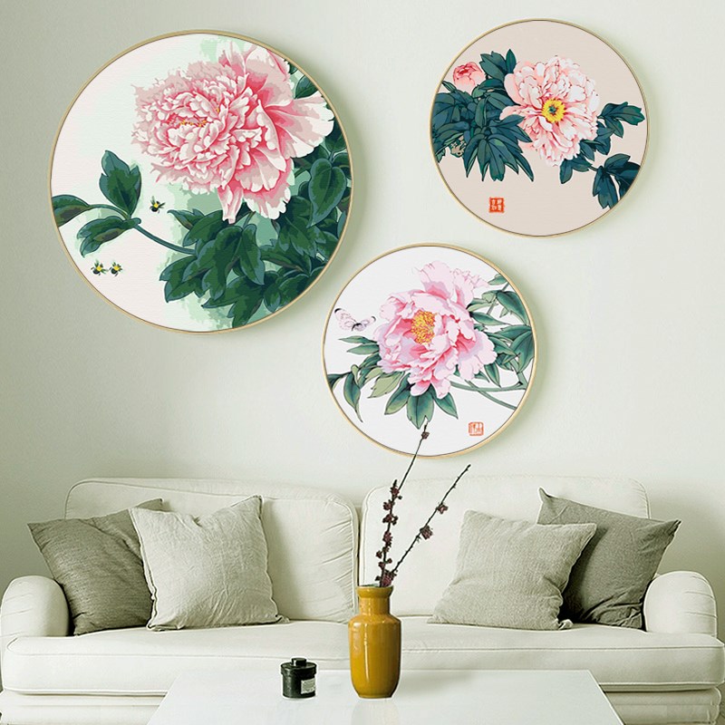 轻奢新中式圆形数字油画diy油彩画F花卉花鸟牡丹花客厅卧室装饰画图片
