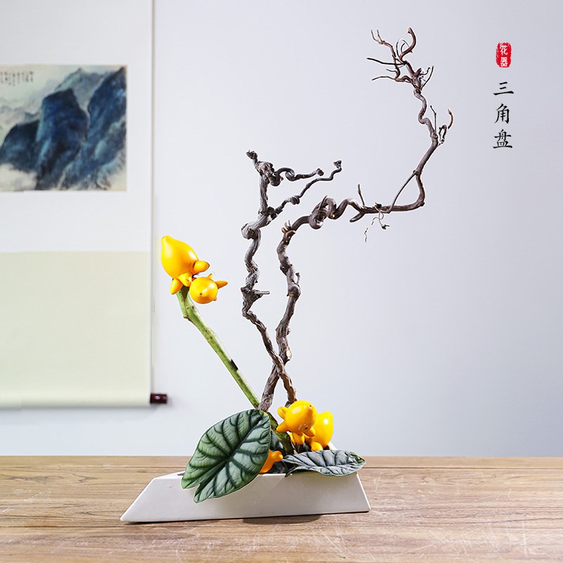 陶瓷三角花器插花器q皿中式禅意花器底座花盘花盆摆件
