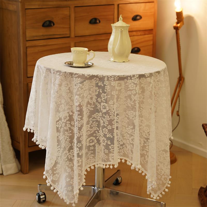 法式田园球球花边蕾丝餐桌桌布圆桌网红公主复古白色生日布置盖布