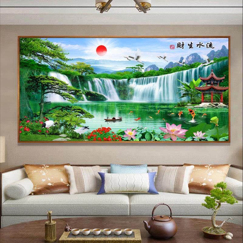 客厅沙发背景墙装饰画招财挂画山水风景壁画流水生财旭日东升墙画