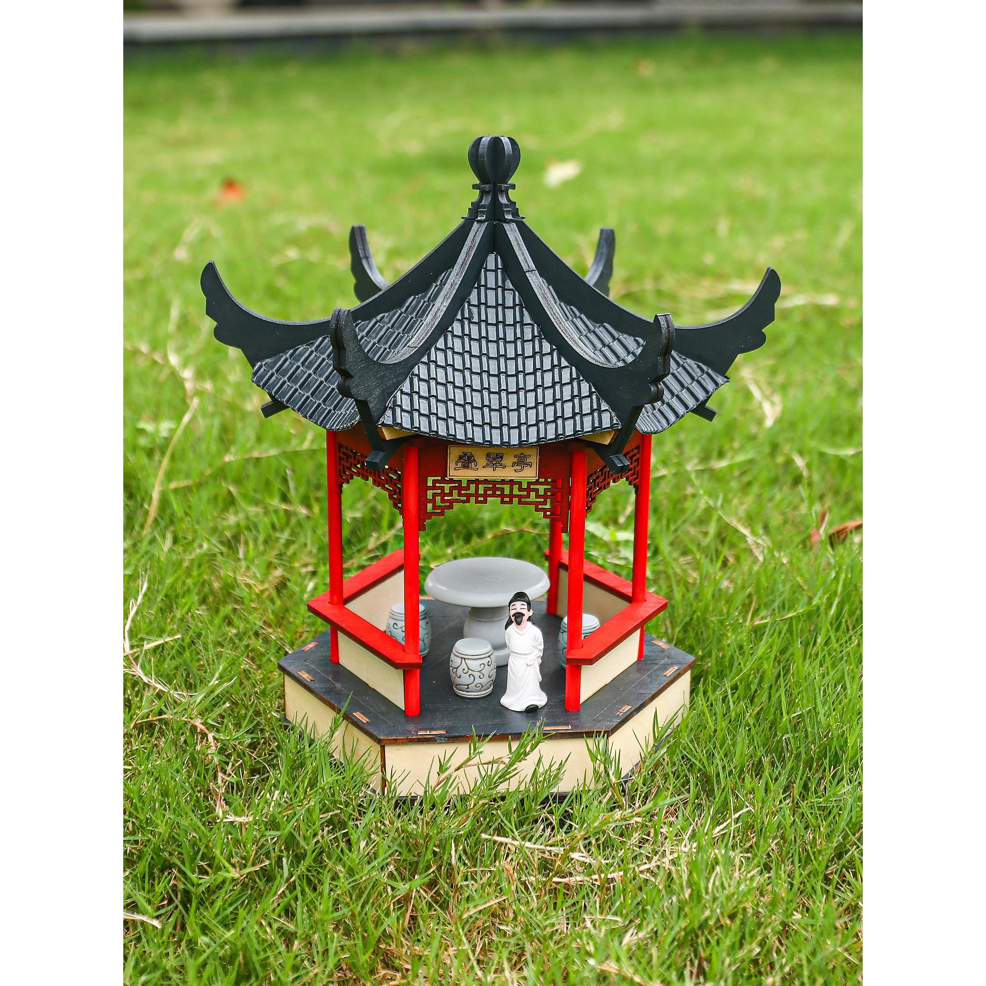 叠翠亭木质六角亭微景观古建筑模型沙盘建筑古凉亭桌面摆件装饰品