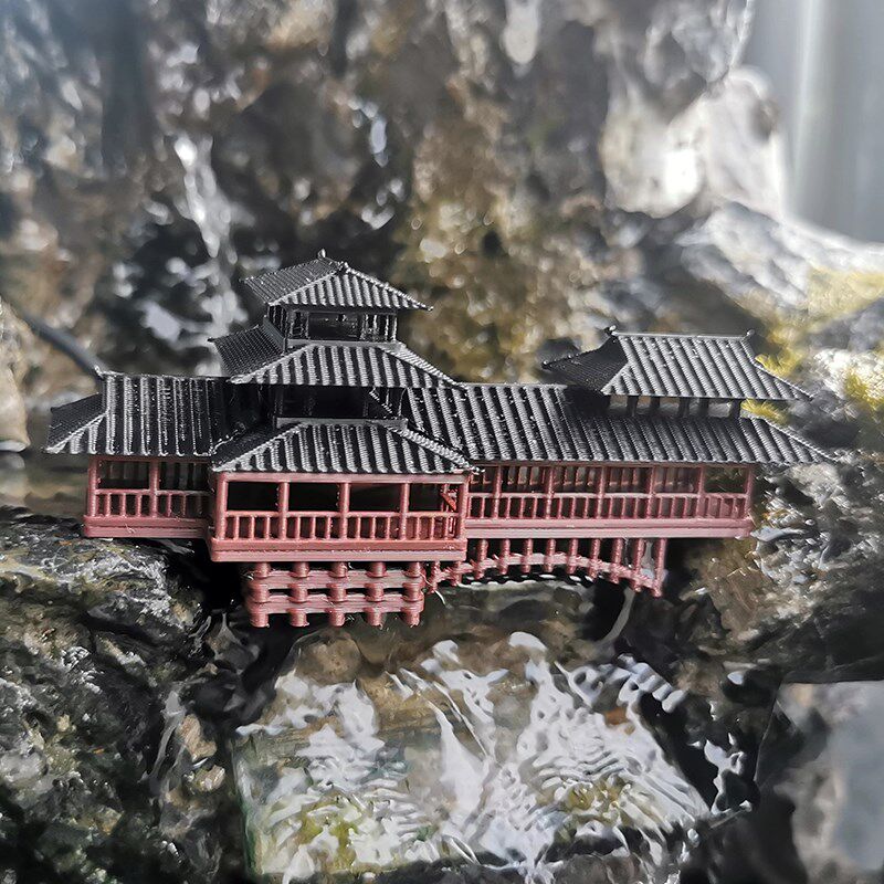 中式古建筑流水连廊桥假山造景小摆件水陆鱼缸鱼池盆景植物微景观