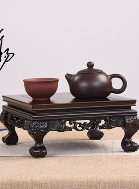 实木非洲黑檀长方新虎脚罗汉松盆景紫砂茶壶铜器葫芦摆件加高木托