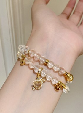 超纯感天然白色水晶双圈珠串手链女子925银多宝心水泡沫玉镯