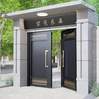 现代新中式铝合金别墅庭院子大门不锈钢入户铸铝单双门门匾门头