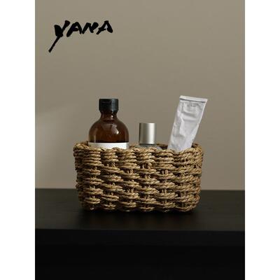 YANA亚纳家用桌面纸绳编织护肤品收纳盒台面杂物整理长方形收纳筐