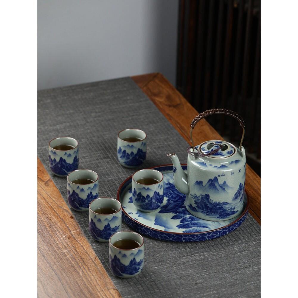 景德镇汝窑见山烧景德镇青花瓷功夫茶具套组大号陶瓷老陶泥开片提