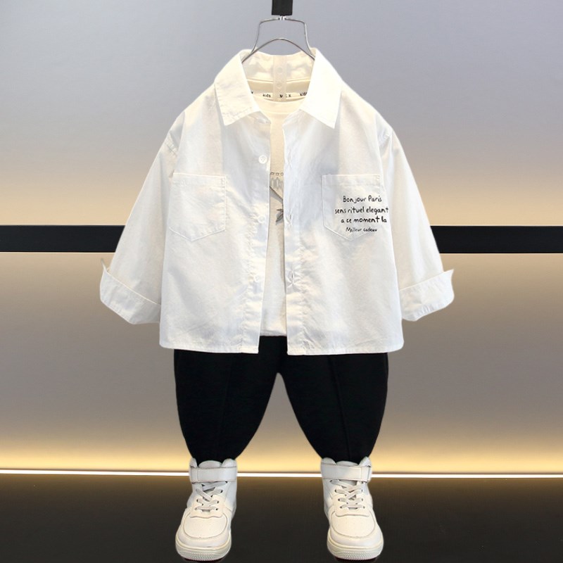 男童白色衬衫长袖春秋2024新款小男孩洋K气时髦潮小童儿童春装上