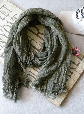 潮品纯亚麻男士围巾复古百搭深灰C军绿色围巾棉麻个性文艺年轻人