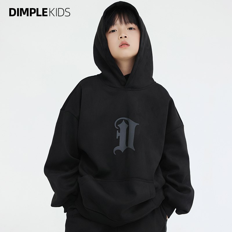 高甜梨涡b童装「冬日好搭档」男童黑色加绒连帽卫衣儿童秋冬套装