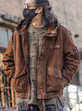 狂欢与静止【野渡】C75139山羊皮重水洗复古做旧皮衣男款真皮夹克