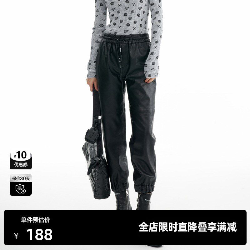 U/TI尤缇时尚冬季新款女式黑色皮裤UI4D3W396090